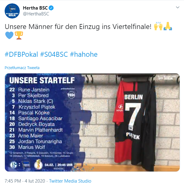 SKŁAD Herthy na pucharowy mecz z Schalke